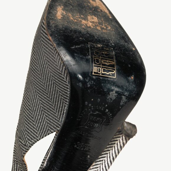 Gianfranco Ferre Silver & Black Metallic Herringbone Slingback Heels - Picture 5 of 9